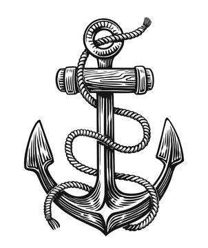 Hand drawn ship sea Anchor with rope. Sketch vintage vector illustration