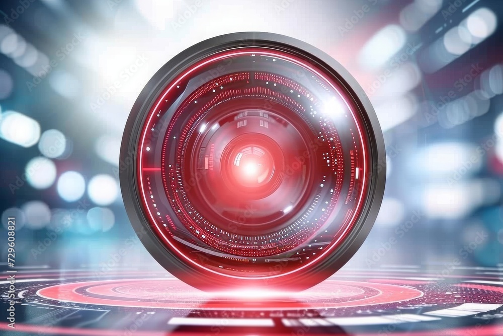 Poster vision of the future: a high-tech holographic lens emitting red light, symbolizing cutting-edge opti