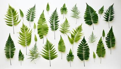 A collection of tropical ferns with intricate leaf isolated, white background
