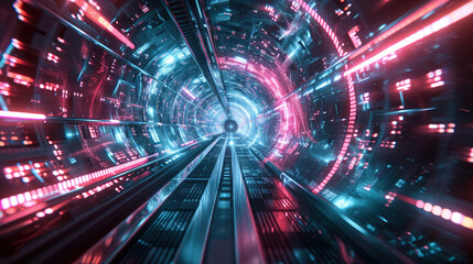 Digital tunnel in cyber space or futuristic tech road, abstract background. Perspective of cyberspace with neon data light. Concept of technology, future, network, security