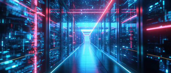 Digital corridor in cyber space or futuristic AI data center, abstract tech background. Perspective of cyberspace with neon light. Concept of technology, future, network, speed.