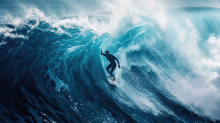Surfer rides big ocean wave, man surfs in sea, view of person sliding in water barrel. Concept of sport, travel, extreme, fun, vacation, beach and summer