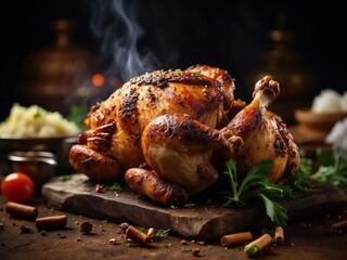 A whole Tandoori fried chicken on a wooden board with spices decorated around on table