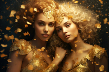 Two young women models like Gemini zodiac sign on gold confetti background. Portrait of adult girls in luxury golden outfit at party. Concept of beauty, fashion, astrology, disco
