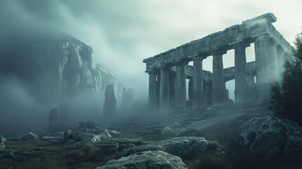 Ancient temple and mist in Greece, classical Greek ruins on foggy mountain background, landscape of old building, dramatic sky, rocks and fog. Theme of past civilization, misty overcast.