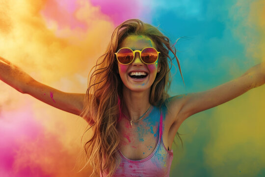 Happy adult girl at Holi festival in India, young woman throwing paint and having fun, smiling female tourist on colorful powder background. Concept of color, party, people