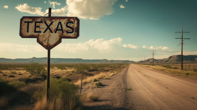 Texas road sign at state border, view of vintage rusty signpost on blue sky background, landscape of desert. Concept of travel, nature, welcome, USA