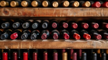Cascading wine bottles on wooden shelves, symbolizing wine culture