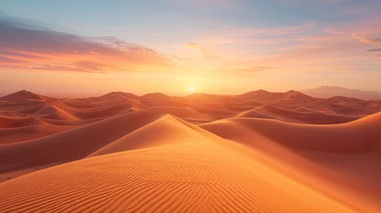 Papier Peint photo Orange Warm, earthy tones and shifting sand dunes capture the serene beauty of a desert landscape during sunset.