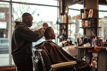 Young African American man receiving a stylish haircut at a barber shop, reflecting a modern grooming experience.

