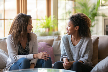A mother and daughter engage in a serious conversation, sharing candid advice in a heartfelt moment of connection.

 - obrazy, fototapety, plakaty
