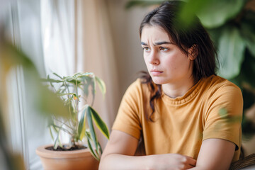 Fototapeta premium A young woman lost in thought by the window, reflecting a mood of contemplation and introspection, signs of stress and preoccupation