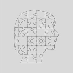 Female head made from puzzle pieces. Strategy