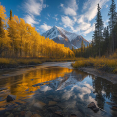 Autumnal Mountain Reflection in Serene River
