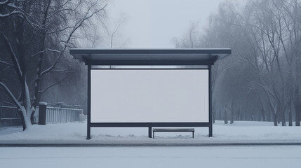 Bus stop covered in snow, situated next to a park, with a street billboard mockup in the background. - obrazy, fototapety, plakaty