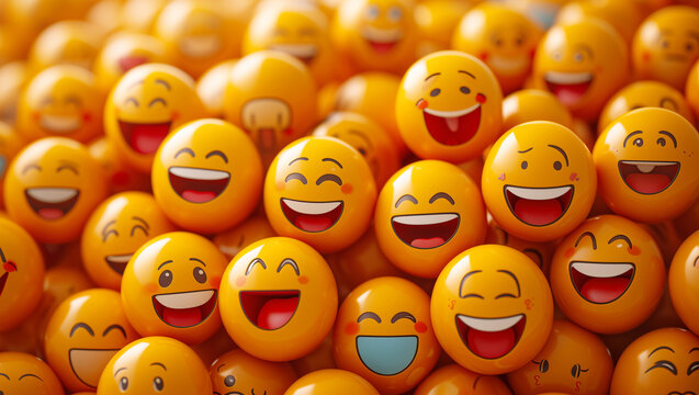 3D emojis Beautiful ceramic heads emoji cheerfully laughing and smiling still life yellow background. Graphic resources, art objects, people's emotions and funny time spending concept image.