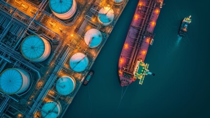 Top view oil tanker ship at the port, Import export business logistic and transportation by tanker ship. Generative Ai - obrazy, fototapety, plakaty