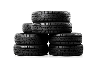 Fototapeta na wymiar Four black rubber tires on a white background.