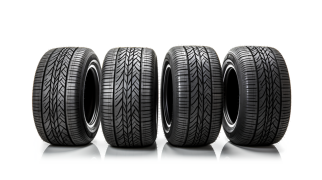 Four black rubber tires on a white background.
