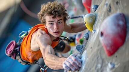 A climber is intensely focused as he scales an indoor climbing wall - obrazy, fototapety, plakaty
