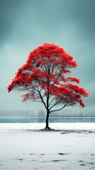 Modern background for cellphone, mobile phone, ios, a beautiful red cherry tree standing alone on a snowy winter