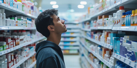 uninsured individual in a pharmacy, examining over-the-counter medicines with a contemplative expression, amidst the well-stocked shelves and bright lighting of the store
