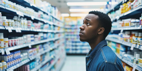uninsured individual in a pharmacy, examining over-the-counter medicines with a contemplative expression, amidst the well-stocked shelves and bright lighting of the store - obrazy, fototapety, plakaty