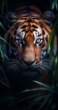 Modern background wallpaper for cellphone, mobile phone, ios, a beautiful tiger staring into the dark.