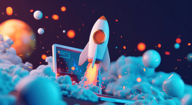 Laptop With Rocket on Top, start up business connection