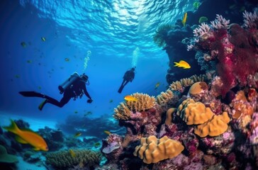 Fototapeta premium Two divers and some corals in a shallow water reef