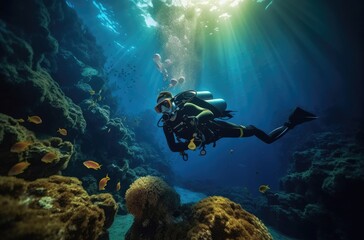 Two divers and some corals in a shallow water reef