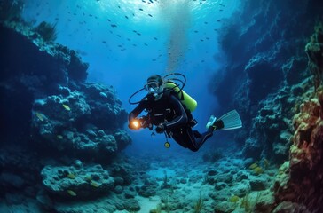 Two divers and some corals in a shallow water reef