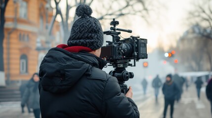 Gimbal video camera, Videographer using dslr camera anti shake tool for stabilizer record video. Generative Ai