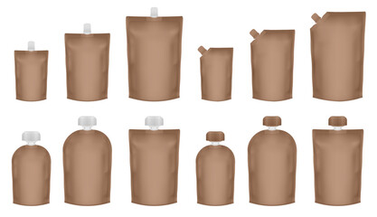 Set of brown doypack packaging with screw cap. Blank foil drink bags pouches with spout. Ketchup, mayonnaise or mustard. Stand up doy pack mock up set. Cosmetic refill. Fruit puree, baby food