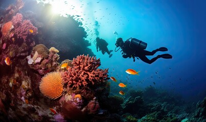 Naklejka na ściany i meble Scuba Diver Swimming Over Colorful Coral Reef