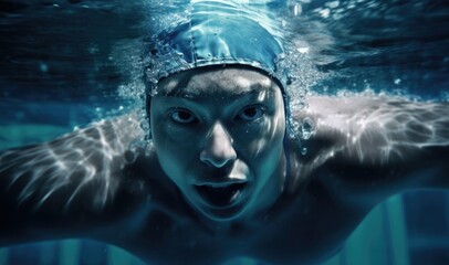 Swimmer is swimming underwater with a swim cap.