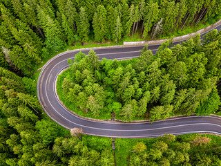 Aerial view of a road in the middle of the forest