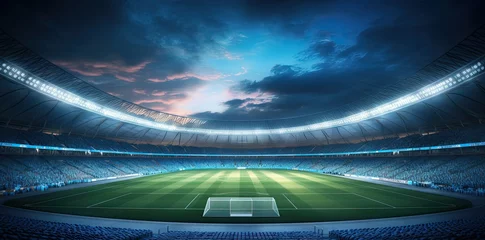 Foto op Plexiglas View of Soccer Stadium With Green Field and Cloudy Sky © Marharyta