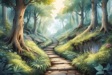 Fantasy Woodland Pathway Illustrated in Watercolor. Stunning Wall Art Option.