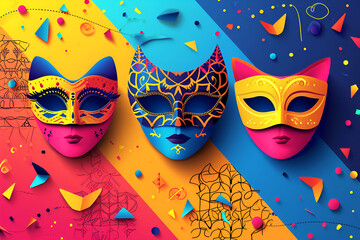 Postcard Happy Purim, Jewish holiday carnival fair background with carnival masks and traditional Jewish items, abstract background.