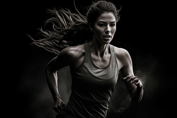 Model athlete runs on black background. Fit woman exercising