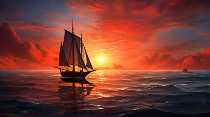 Sun setting behind sailboat silhouetting the boat against a fiery sky created with ,,
Gorgeous sailing boat beneath breathtaking ocean sunset Pro Photo


