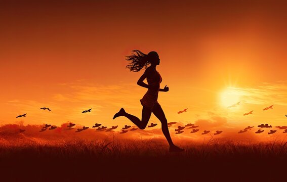 Woman Running in Field With Birds Flying in Sky