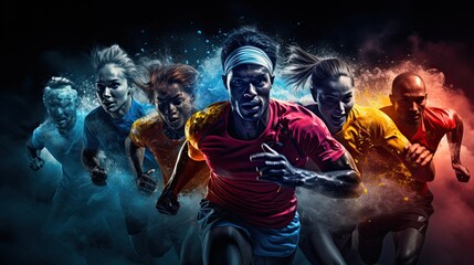 Fototapeta na wymiar Energetic Multicolored Runners Sprinting in a Race Against a Dark Background
