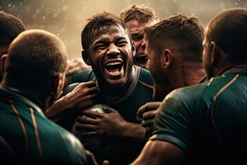 Fototapeta premium Jubilant rugby players celebrating victory at sunset on the field.
