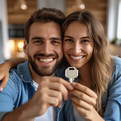 A couple holding the key to their new house, home ownership concept