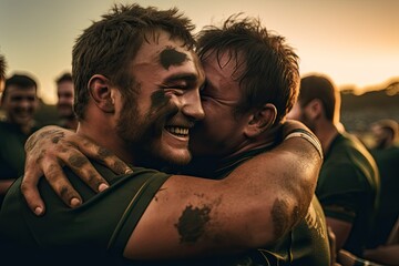 Jubilant rugby players celebrating victory at sunset on the field.