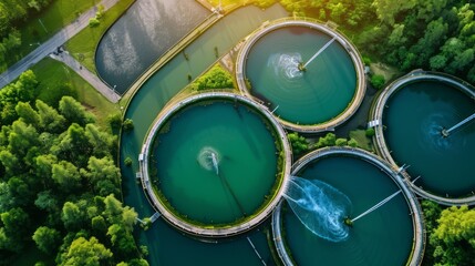 Aerial top view recirculation solid contact clarifier sedimentation tank, healthy environment concepts and background.. Generative Ai