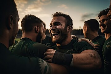 Jubilant rugby players celebrating victory at sunset on the field.