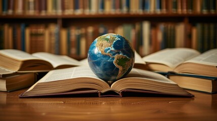 An abstract globe surrounded by open books symbolizes global education